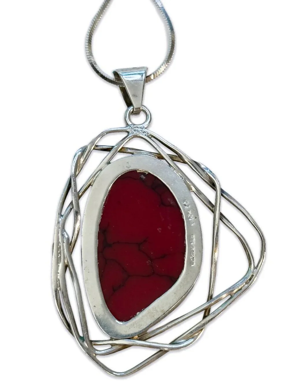 Mexican Red Jasper Sterling Silver Wire Pendant Italian 925 FAS Chain Necklace